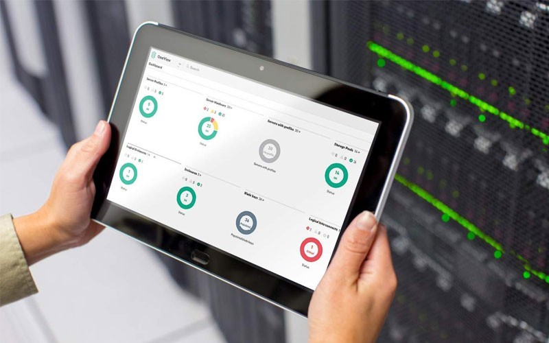 Manager servers Tablet device using management software in server room